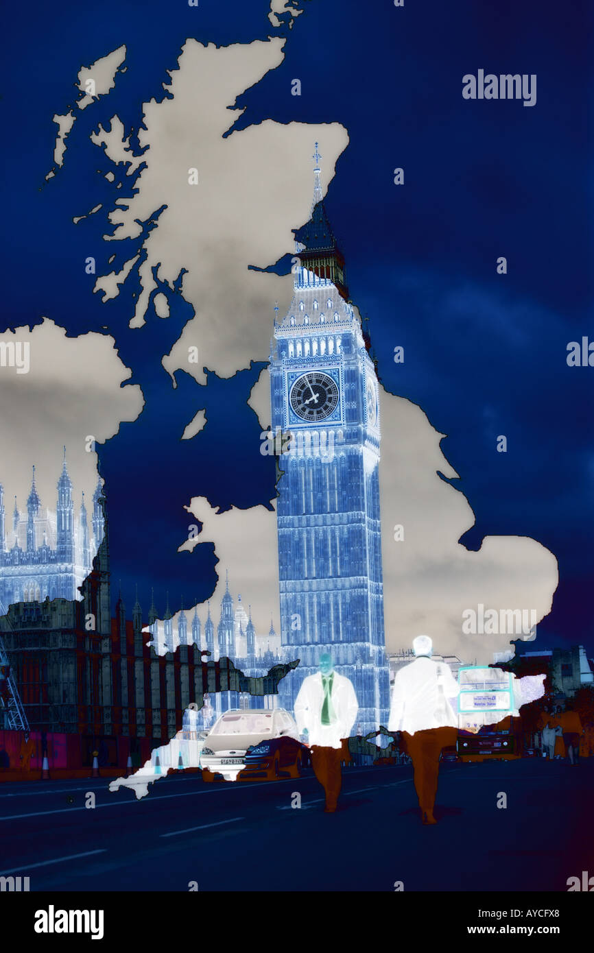 Big ben tower collage con contorno mappa del Regno Unito Foto Stock