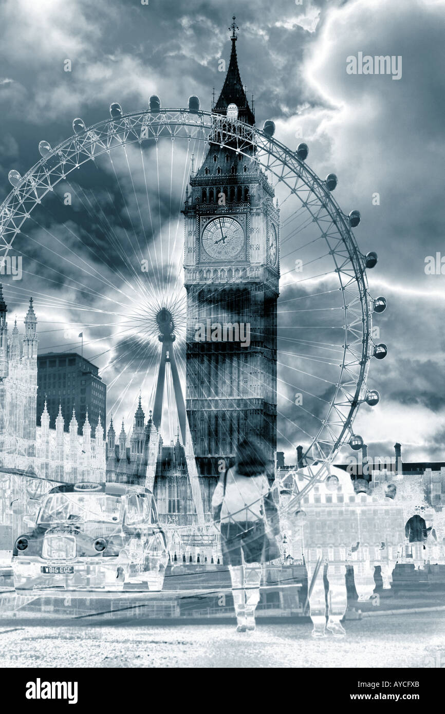 Il London Eye e il Big Ben in un collage stilizzato icona di Londra Foto Stock