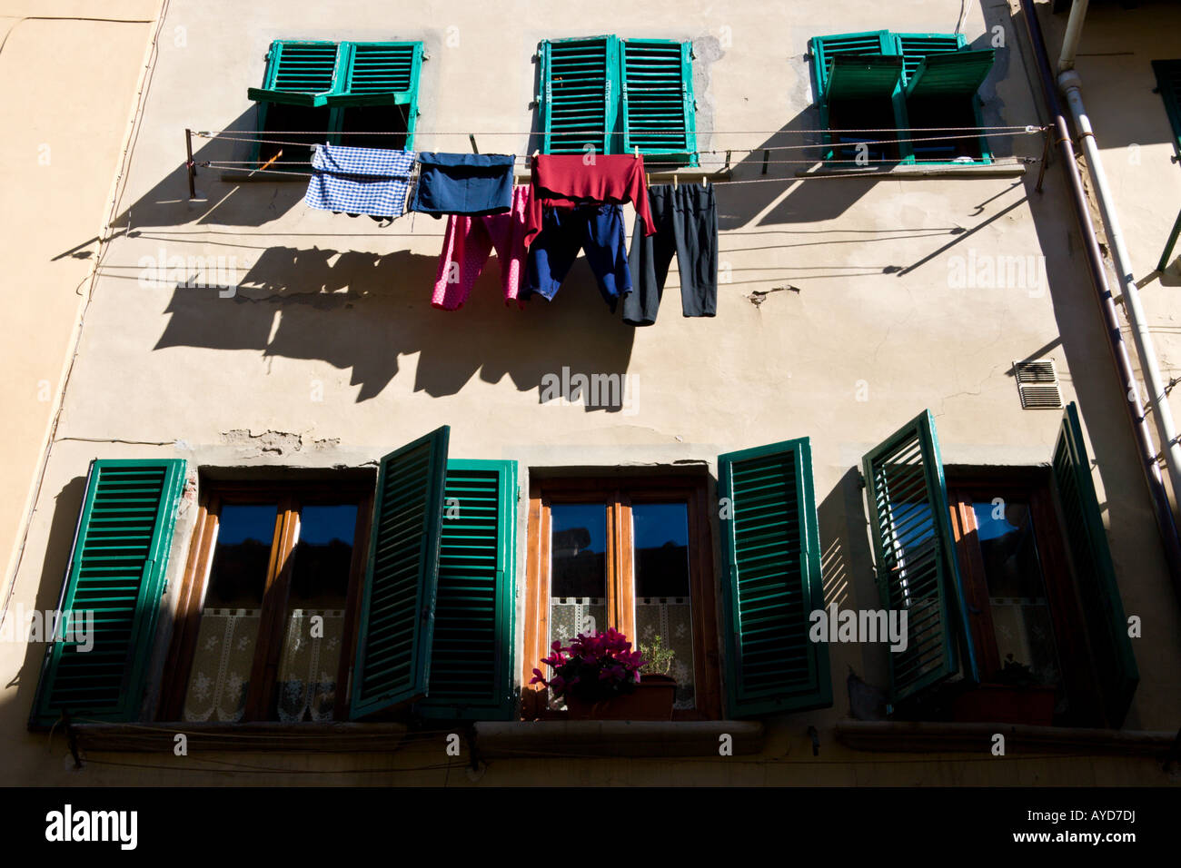 Biancheria stesa ad asciugare da finestre con persiane in una strada a Firenze. Foto Stock
