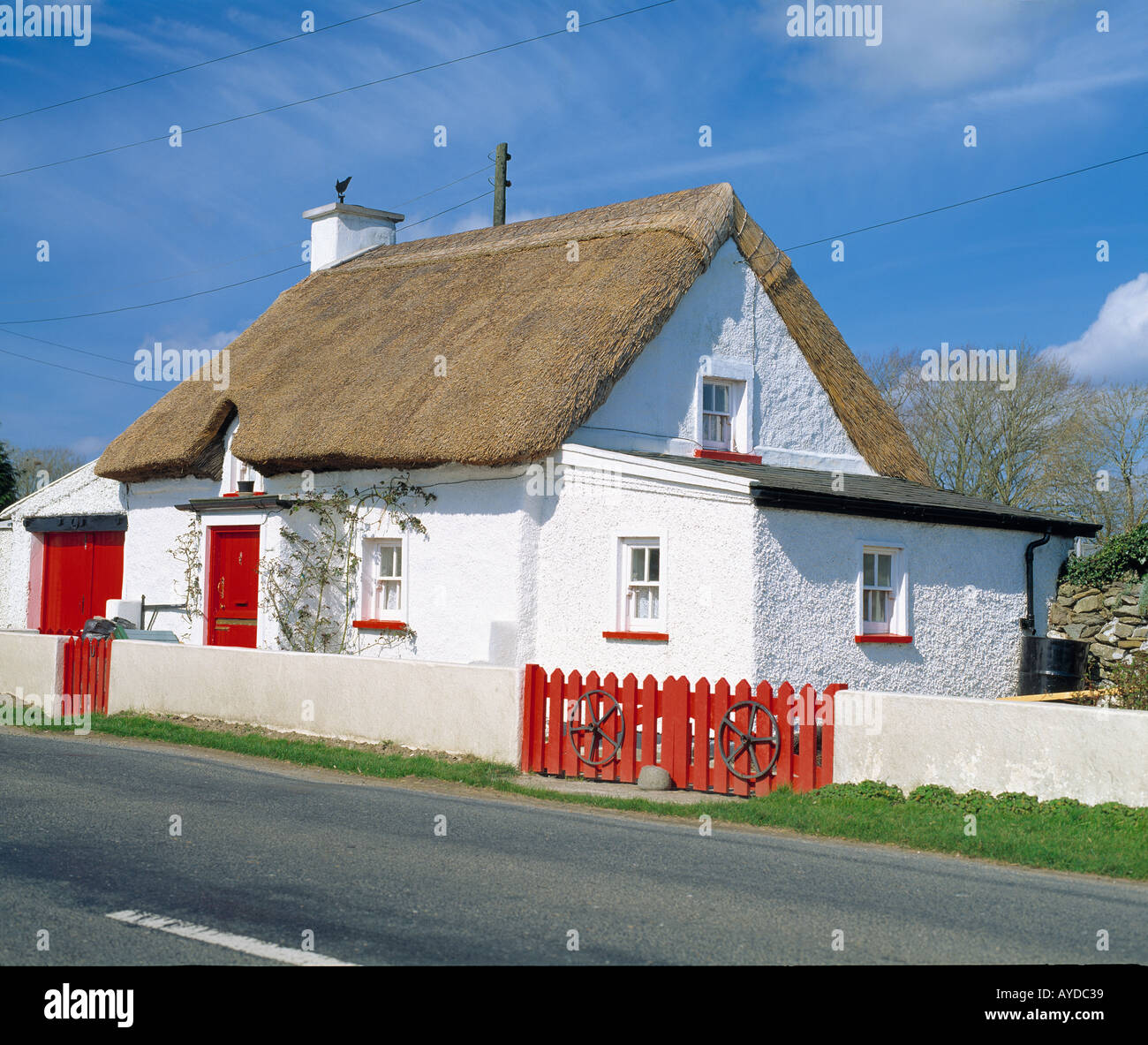 Tradizionale irlandese stradale cottage con il tetto di paglia Foto Stock