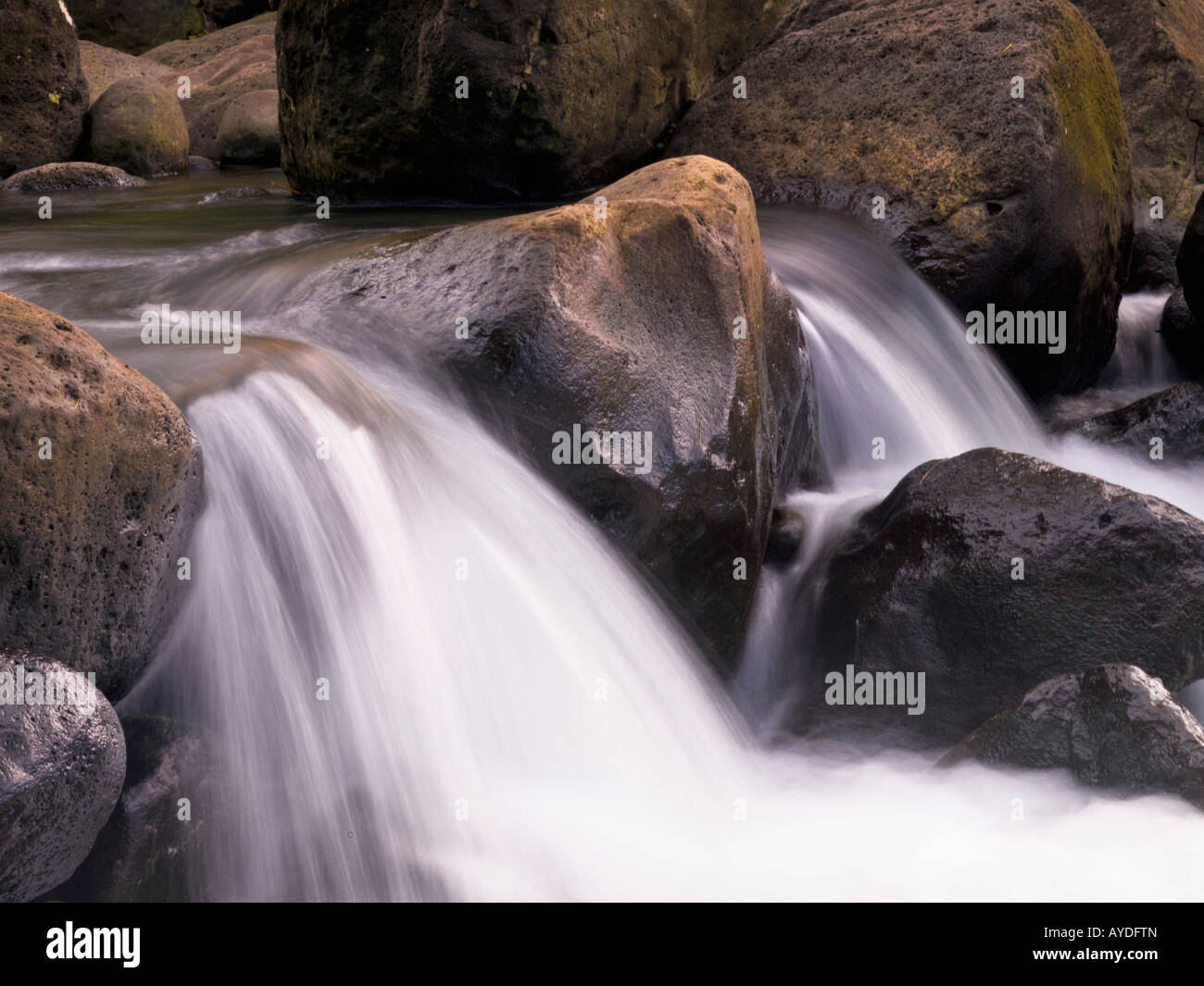 L'acqua che scorre sulle rocce, Costa Napali del Parco Statale di Kauai, Hawaii Foto Stock