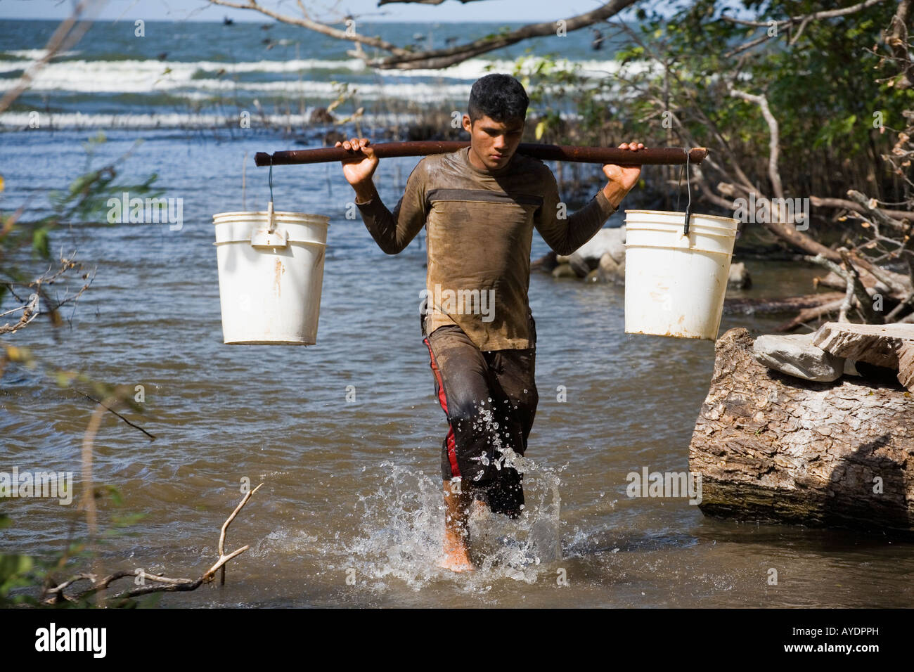Giovane uomo che porta acqua dal lago utilizzato per fare mattoni di adobe isola di Ometepe Nicaragua Foto Stock