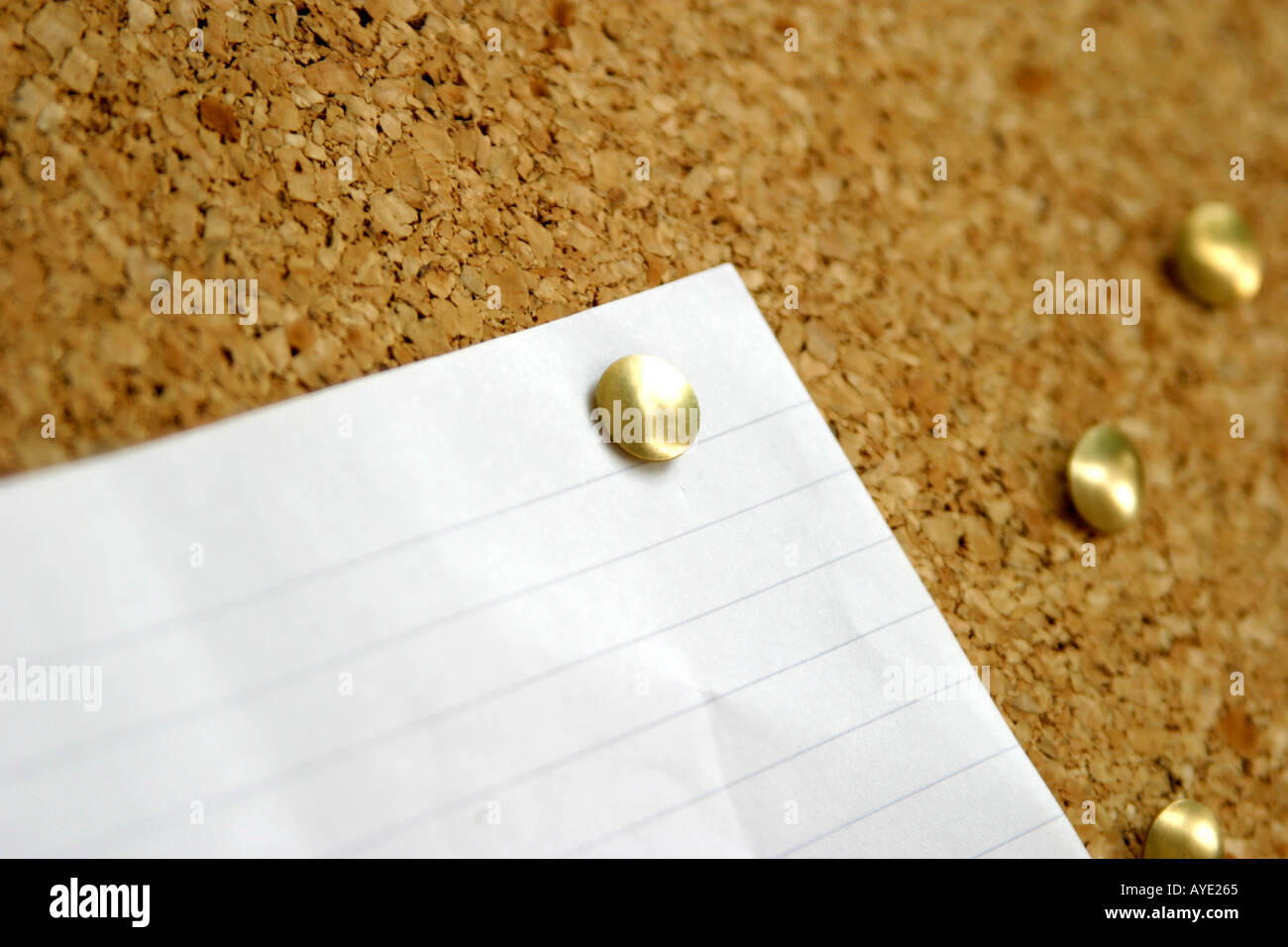 Paesaggio SHOT DI SUGHERO BACHECA CON UN PEZZO DI CARTA BIANCA SEGNATO CON DISEGNO IN OTTONE IL PIN IN ANGOLO CON GLI ALTRI PIN Foto Stock