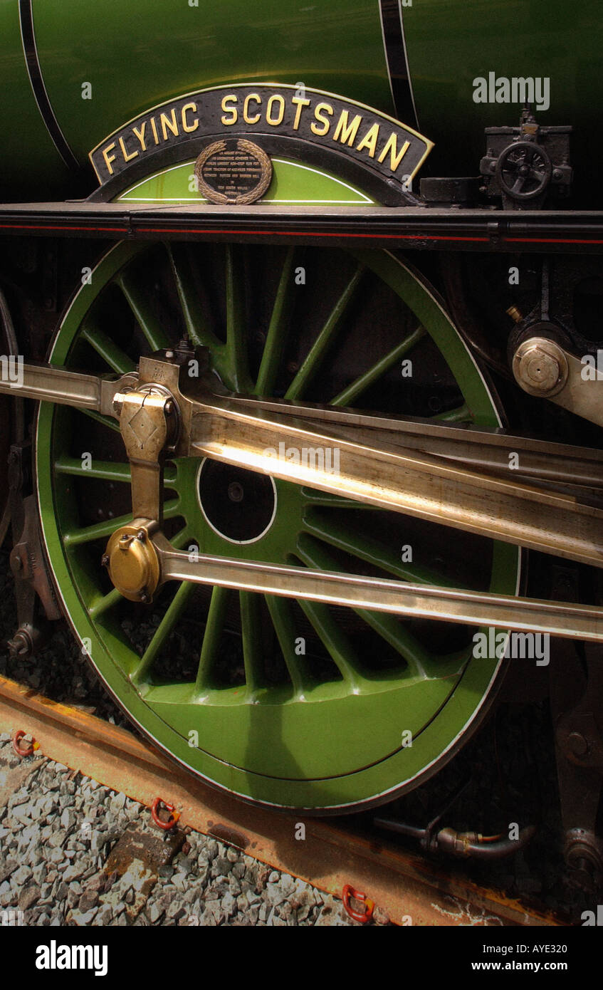 Flying Scotsman treno a vapore targhetta del nome e della ruota Foto Stock