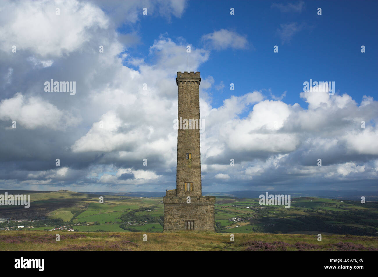 Torre Holcombe e heather in fiore nella tarda estate del Lancashire Regno Unito Foto Stock