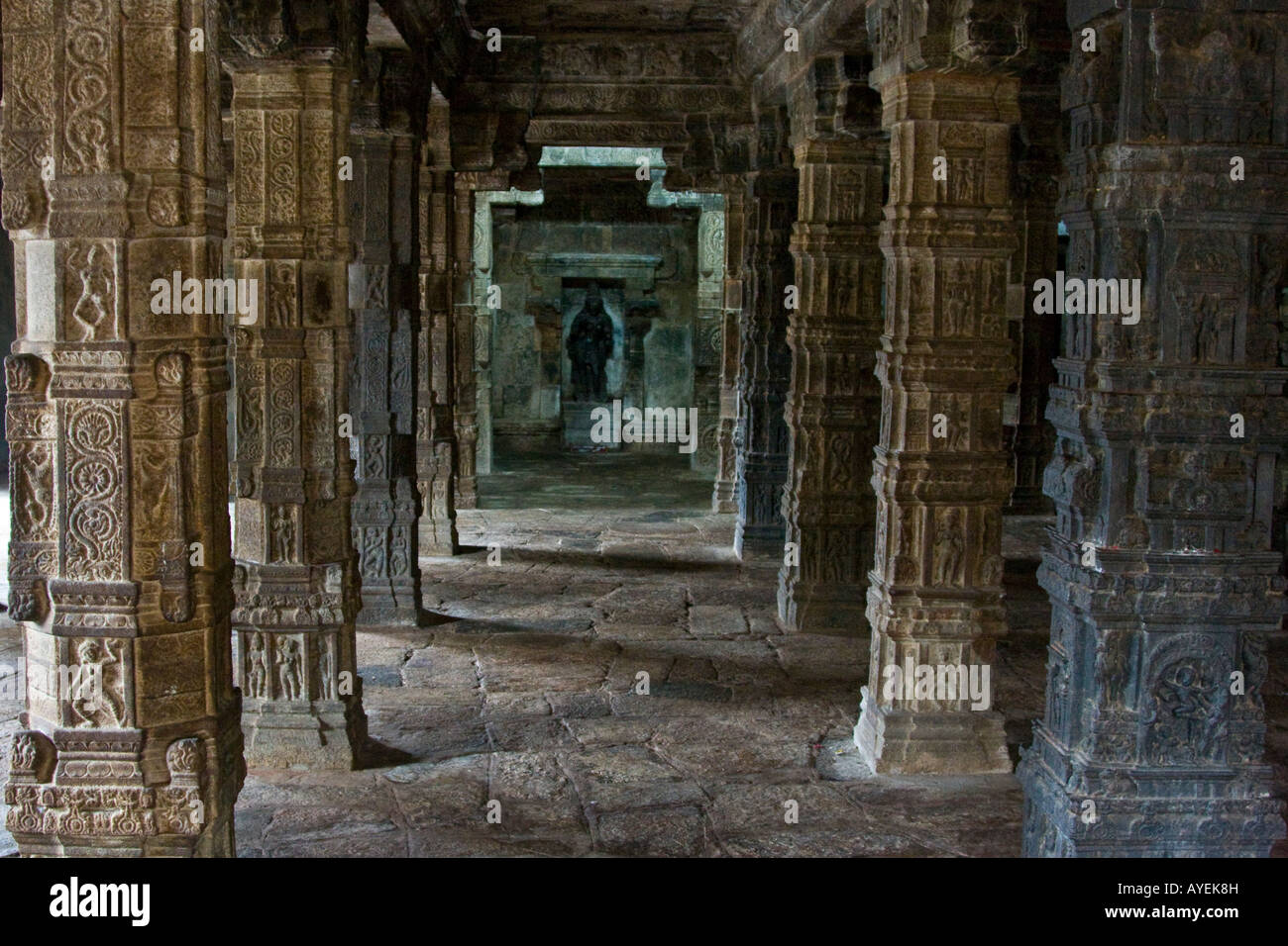 Pilar Hall all'interno di Airavatesvara tempio di Darasuram India del Sud Foto Stock