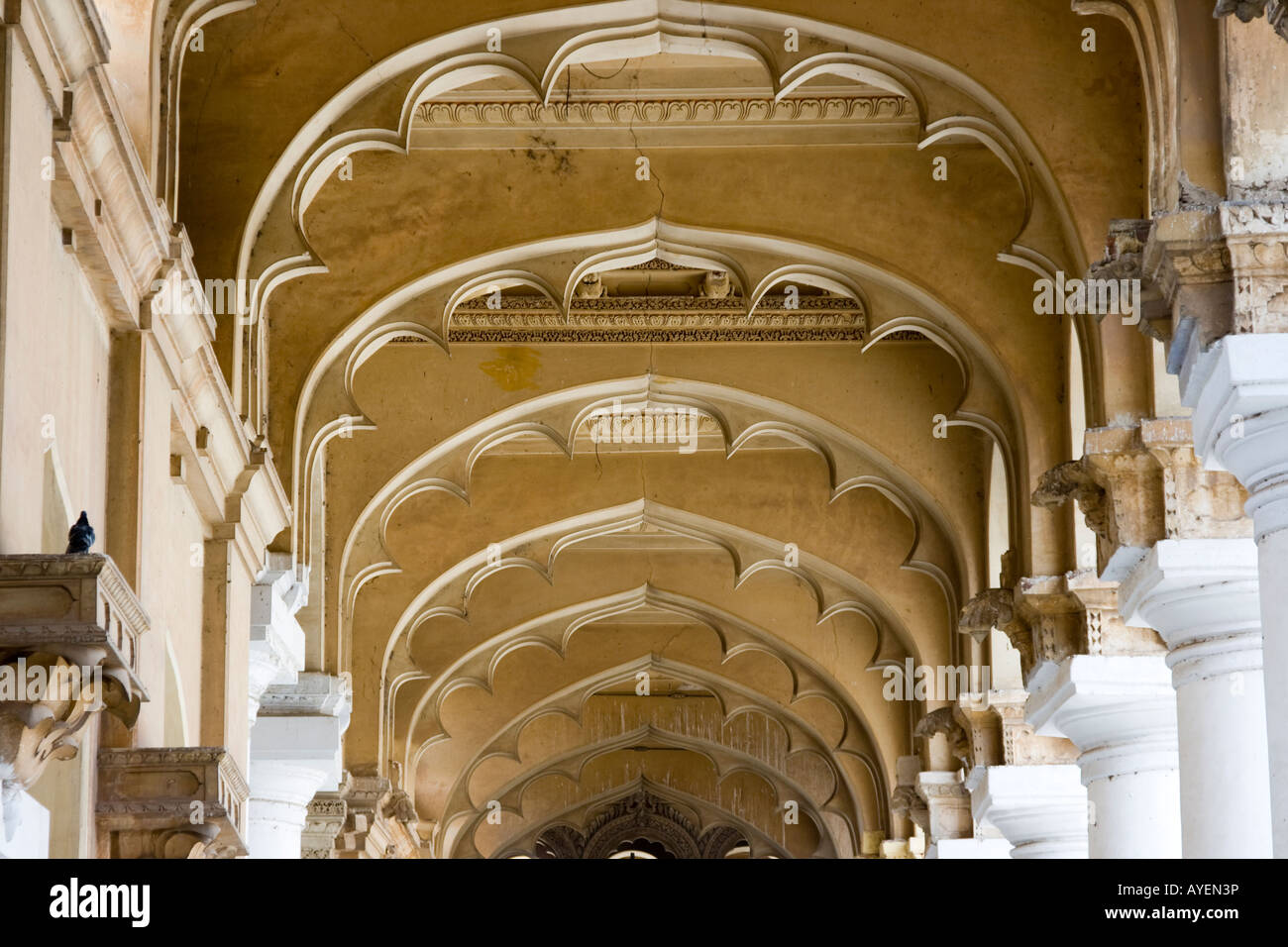 Dettagli architettonici all'interno del Tirumalai Nayak Palace a Madurai India del Sud Foto Stock