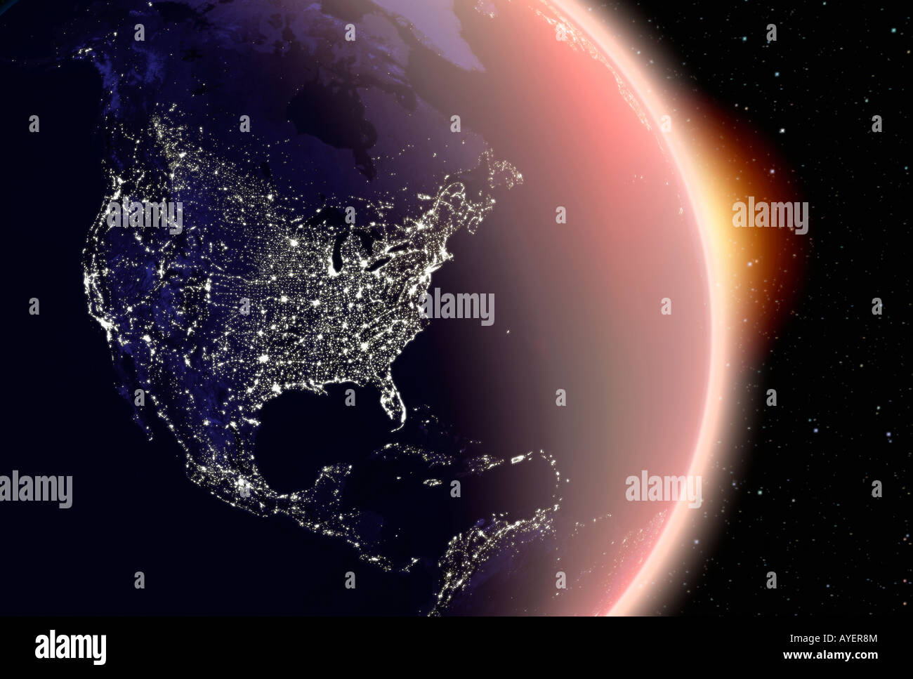 Immagine satellitare della terra del pianeta America del Nord di notte Foto Stock