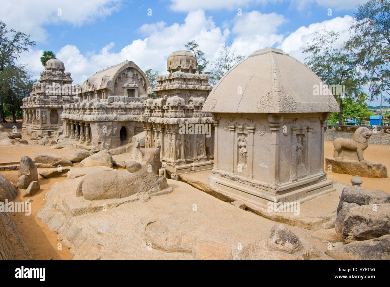 Cinque Rathas Mamallapuram in India del Sud Foto Stock