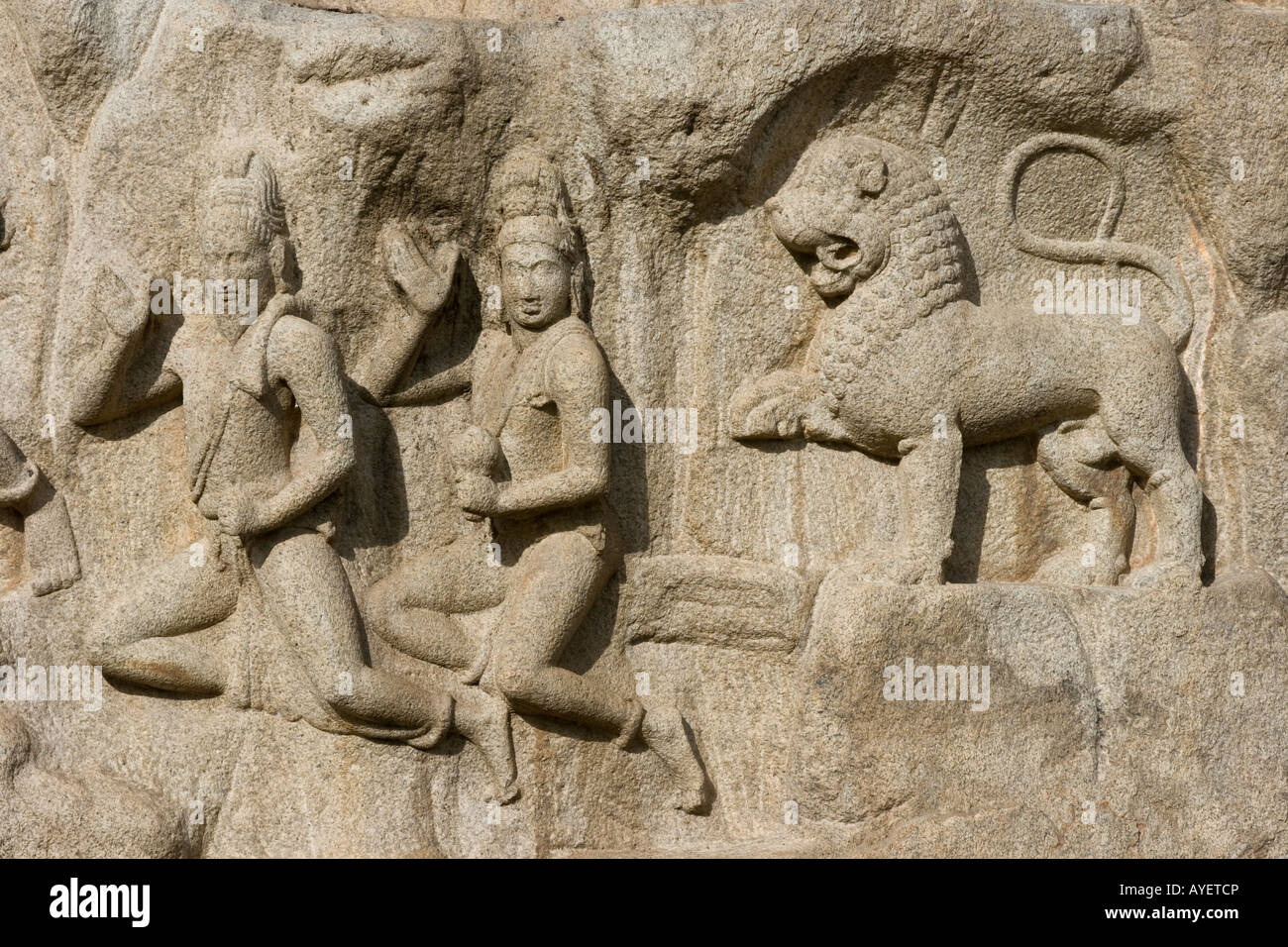 Arjuns penitenza Rock Carving in rilievo a Mamallapuram India del Sud Foto Stock