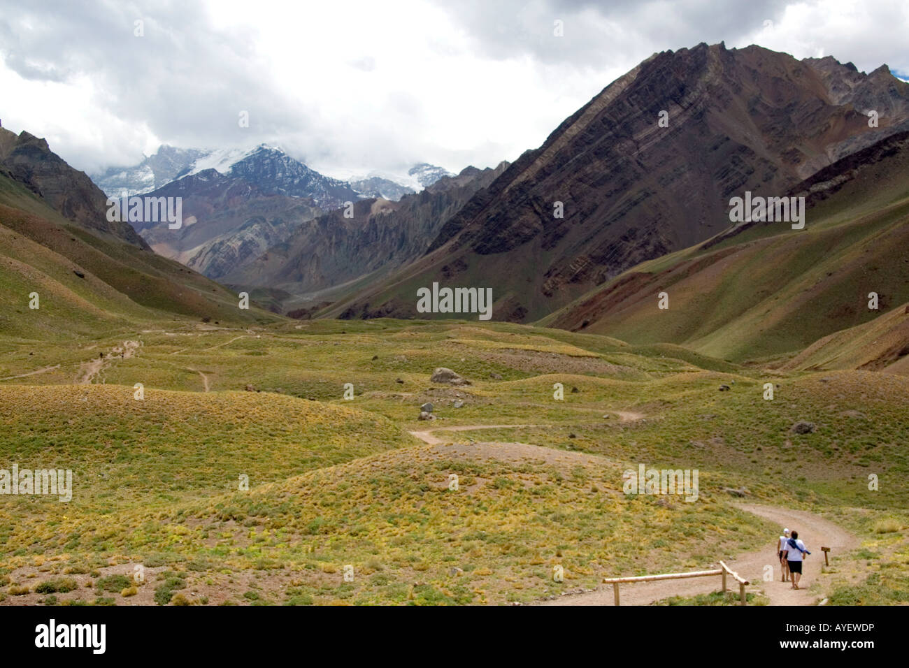 La gente a piedi su un sentiero vicino Monte Aconcagua nella Cordigliera delle Ande Argentina Foto Stock