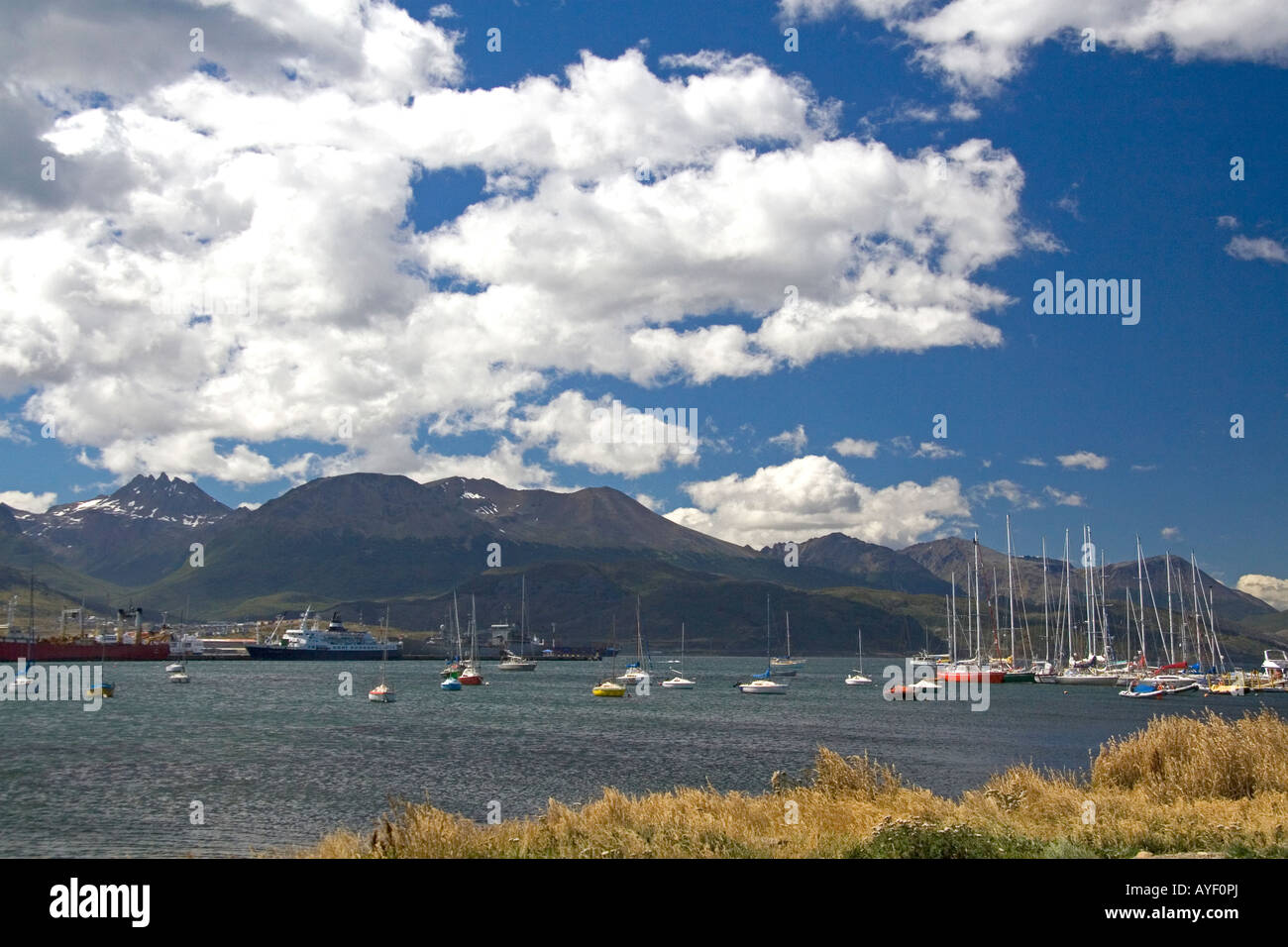 Barche nella baia di Ushuaia sull isola di Tierra del Fuego Argentina Foto Stock