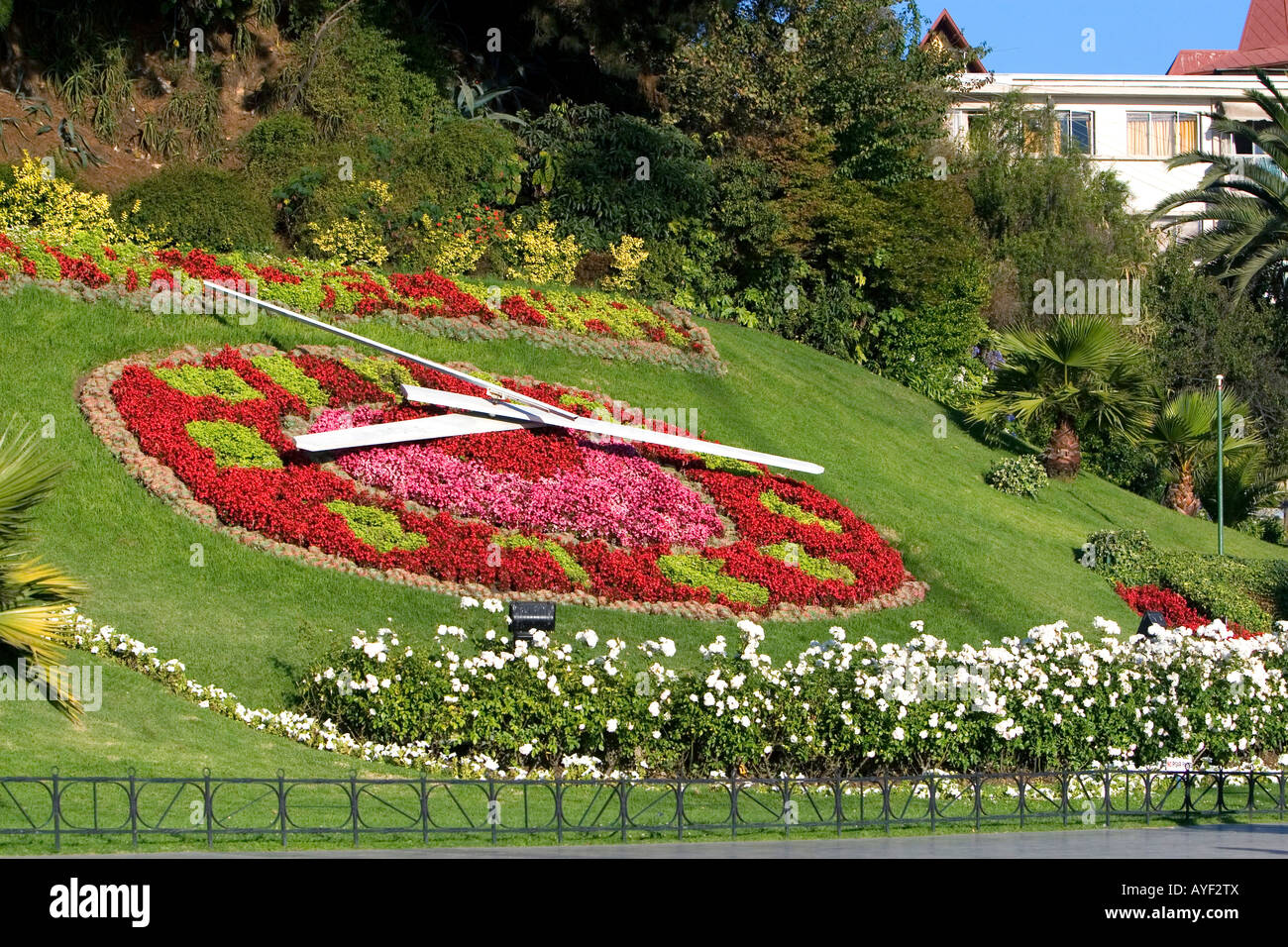 Giardini di fiori in forma di un orologio a Valparaiso Cile Foto Stock