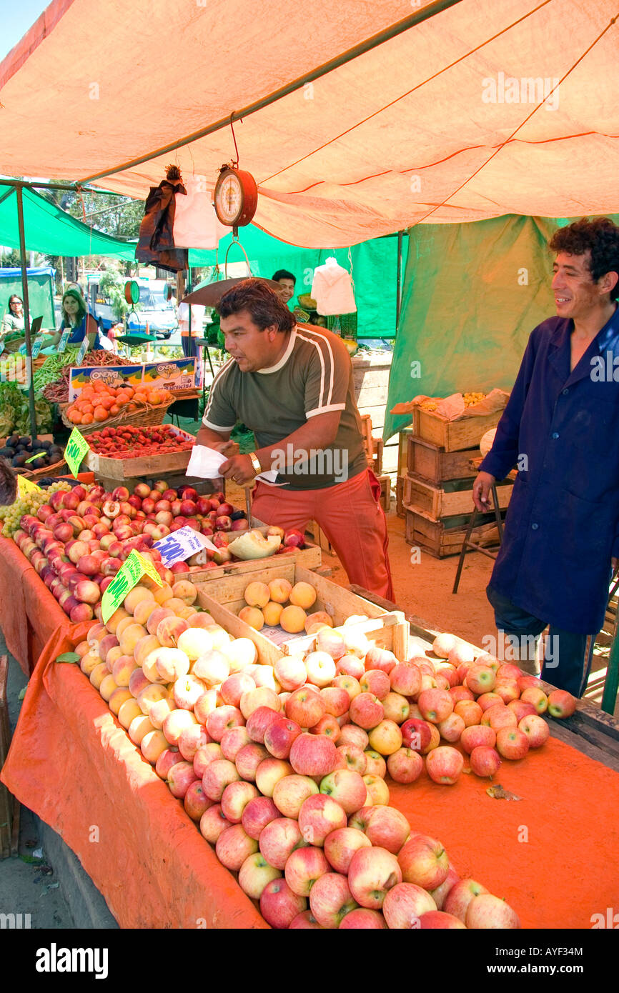 Fornitore per la vendita di frutta a un esterno di produrre mercato in Valparaiso Cile Foto Stock