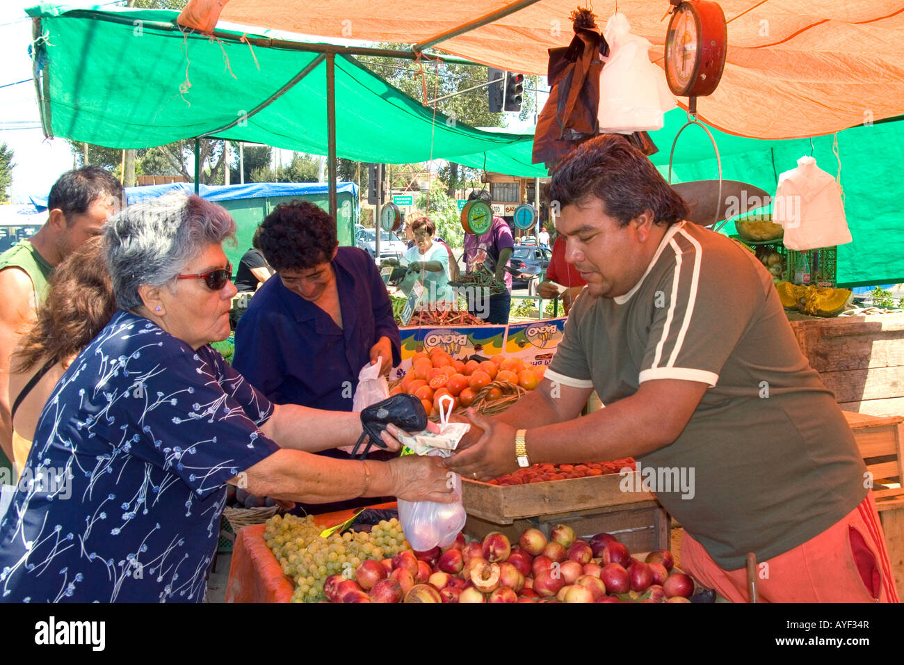 Donna acquisto di produrre in un mercato all'aperto in Valparaiso Cile Foto Stock
