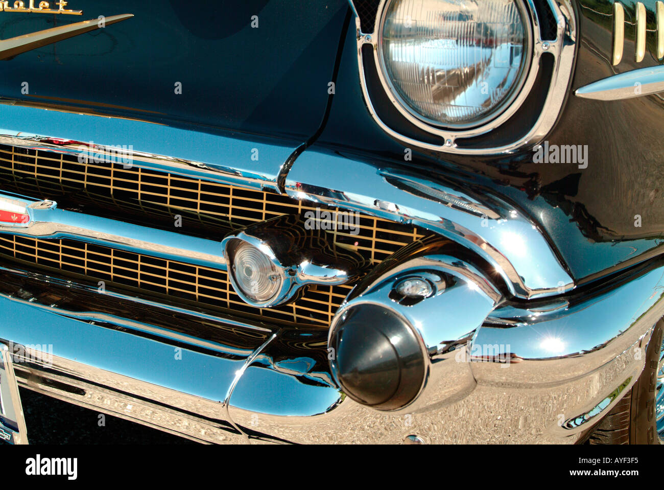 Un dettaglio di un nero 57 Chevy Belair restaurata auto Foto Stock