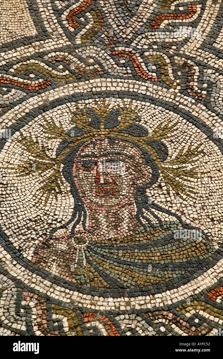 Volubilis rovine Romane date 2 ° e 3 ° secolo D.C. Sezione del mosaico raffigurante Dionyses e le quattro stagioni del Marocco Foto Stock