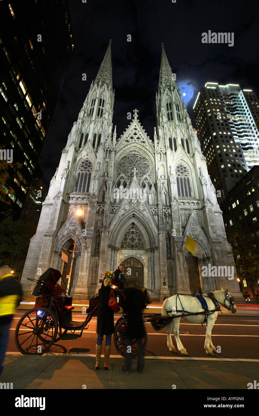 Carro trainato da cavalli di fronte a San Patrizio, Cattedrale di New York City Foto Stock