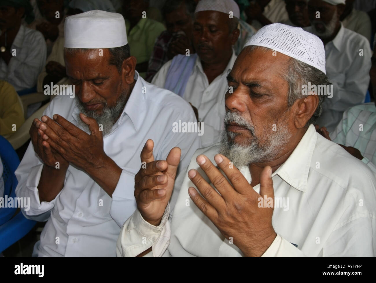 I maschi musulmani pregano come Agadh-e-nikaah è letta durante un matrimonio islamico , il Tamil Nadu, nell India meridionale Foto Stock