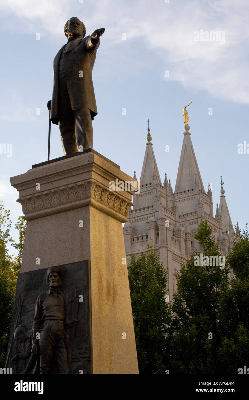 Statua di bronzo di Brigham Young Piazza del Tempio di Salt Lake City, Utah Foto Stock