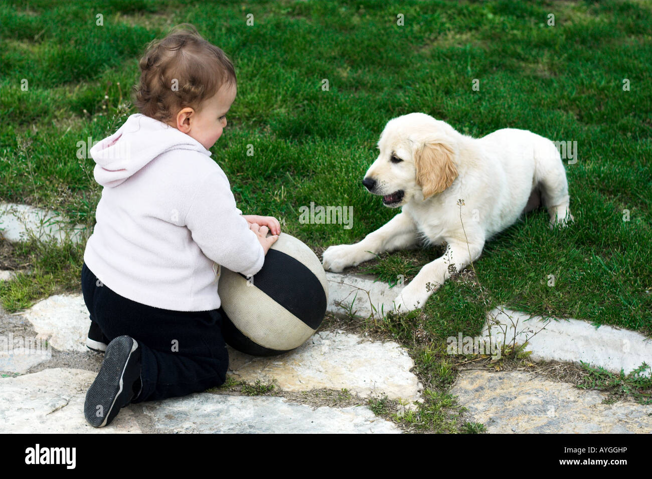 Baby boy giocando con grazioso cucciolo Foto Stock