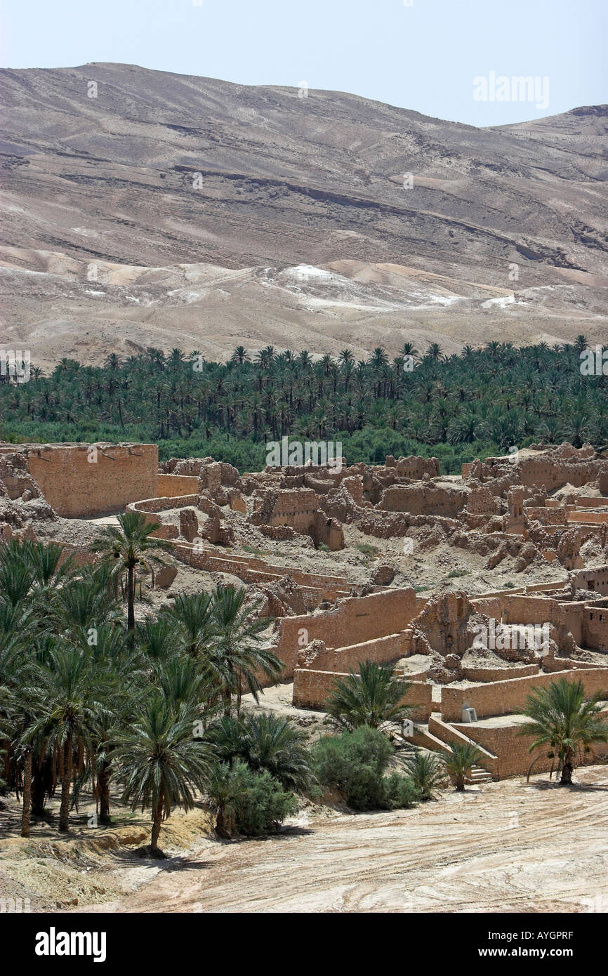 Vecchia Tamerza rovinato antica Berber oasis village Tunisia Foto Stock