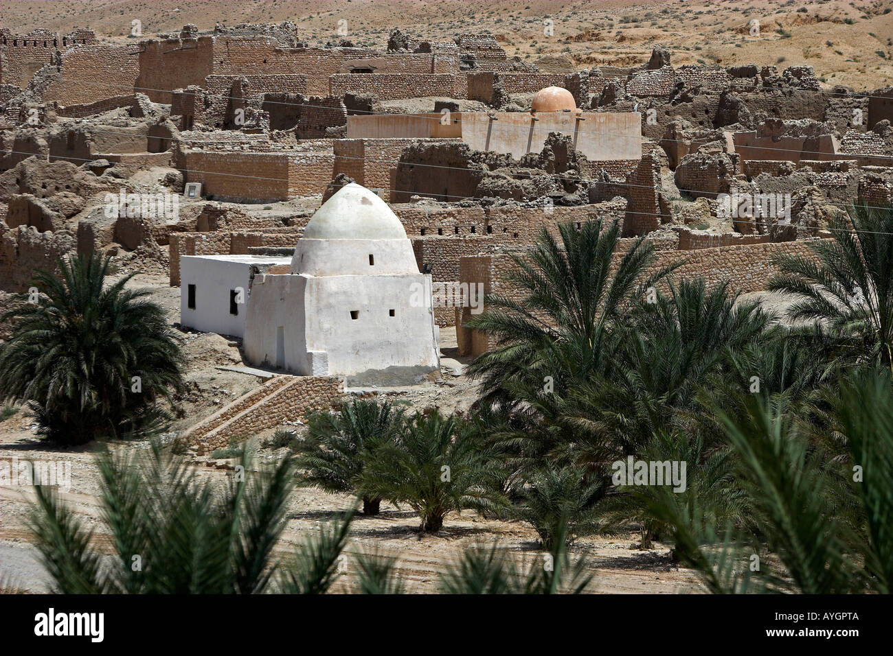 Vecchia Tamerza rovinato antica Berber oasis village Tunisia Foto Stock