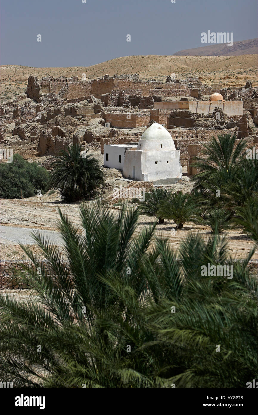 Vecchia Tamerza rovinato antica Berber oasis village Tunisia Foto Stock