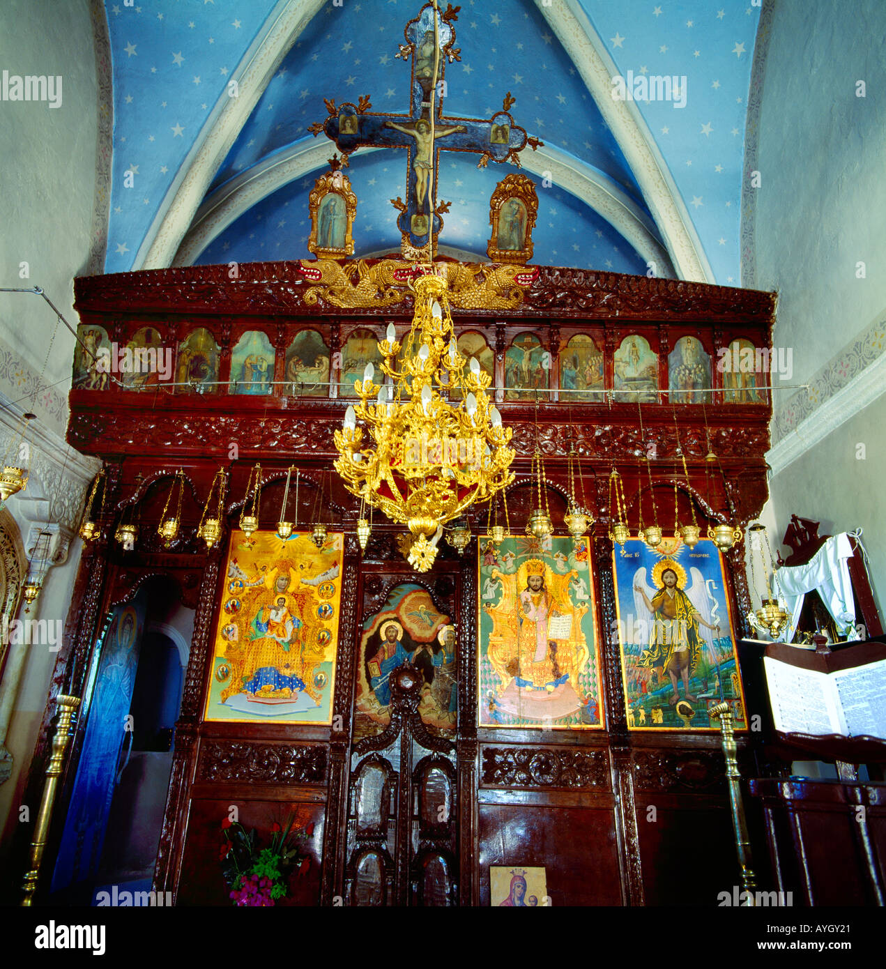 Rodi Grecia Kalopetras Chiesa Ortodossa iconostasi Foto Stock