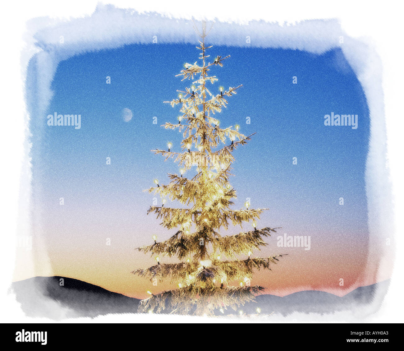 Arte digitale: albero di Natale e la luna Foto Stock