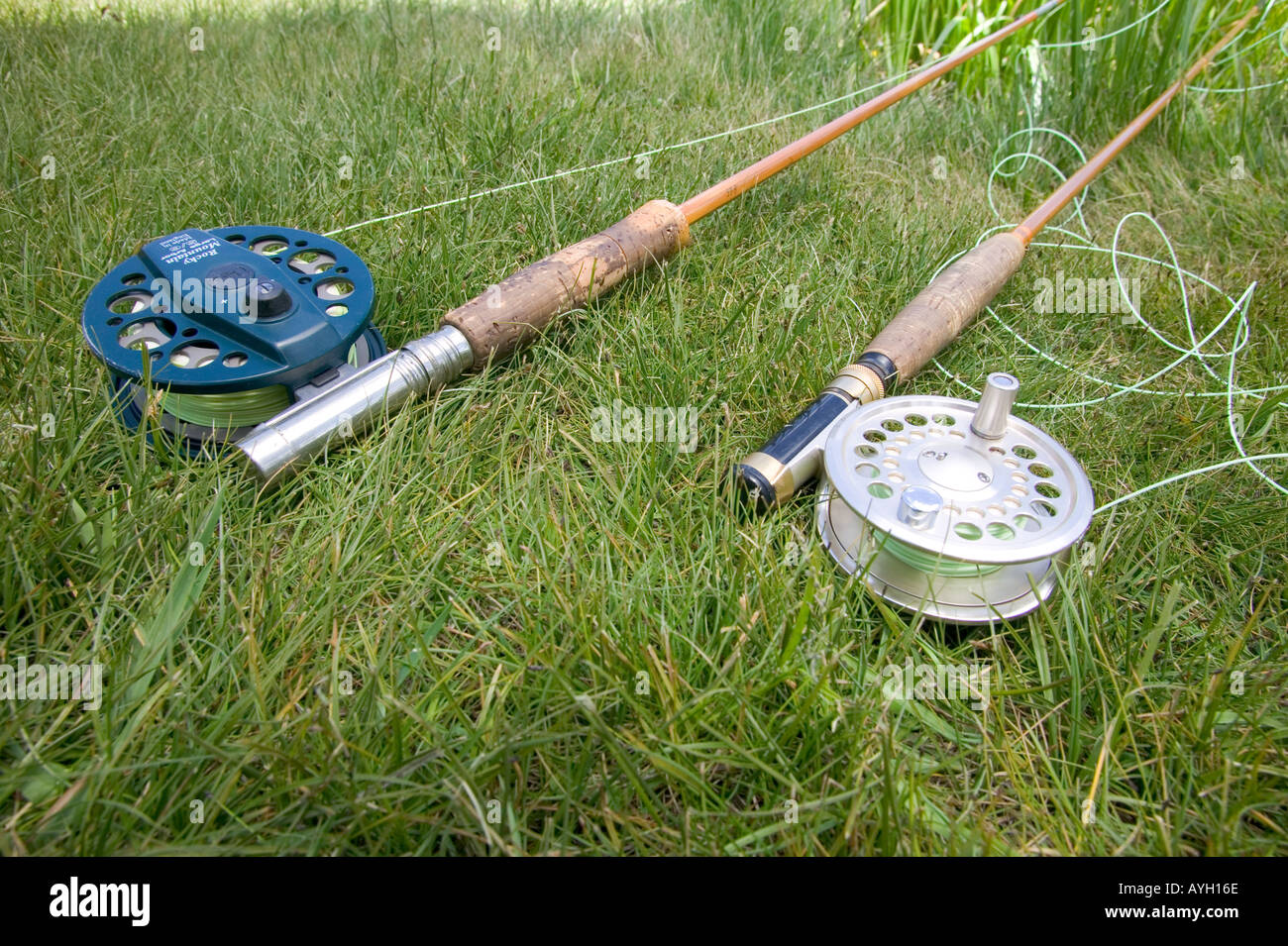 La pesca flyrods e bobine Foto Stock
