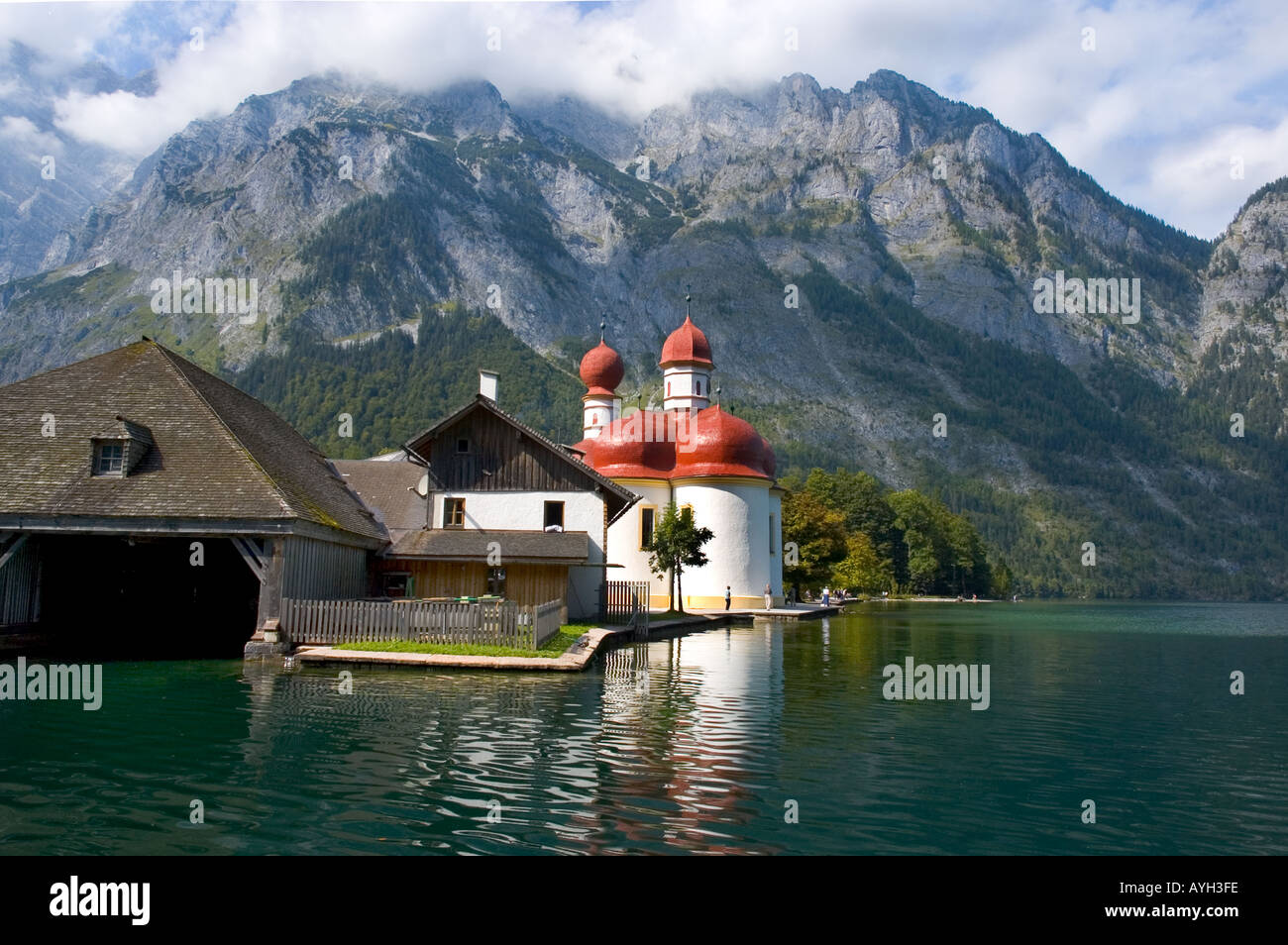 Europa Germania Baviera Berchtesgadener Land Konigsee lago San Bartolomeo Watzmann montagne Foto Stock