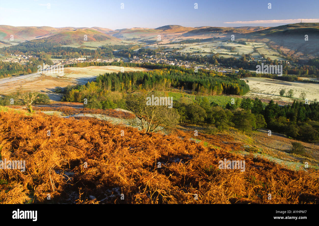 Misty autunno frontiera scozzese paesaggio Langholm sopra Foto Stock
