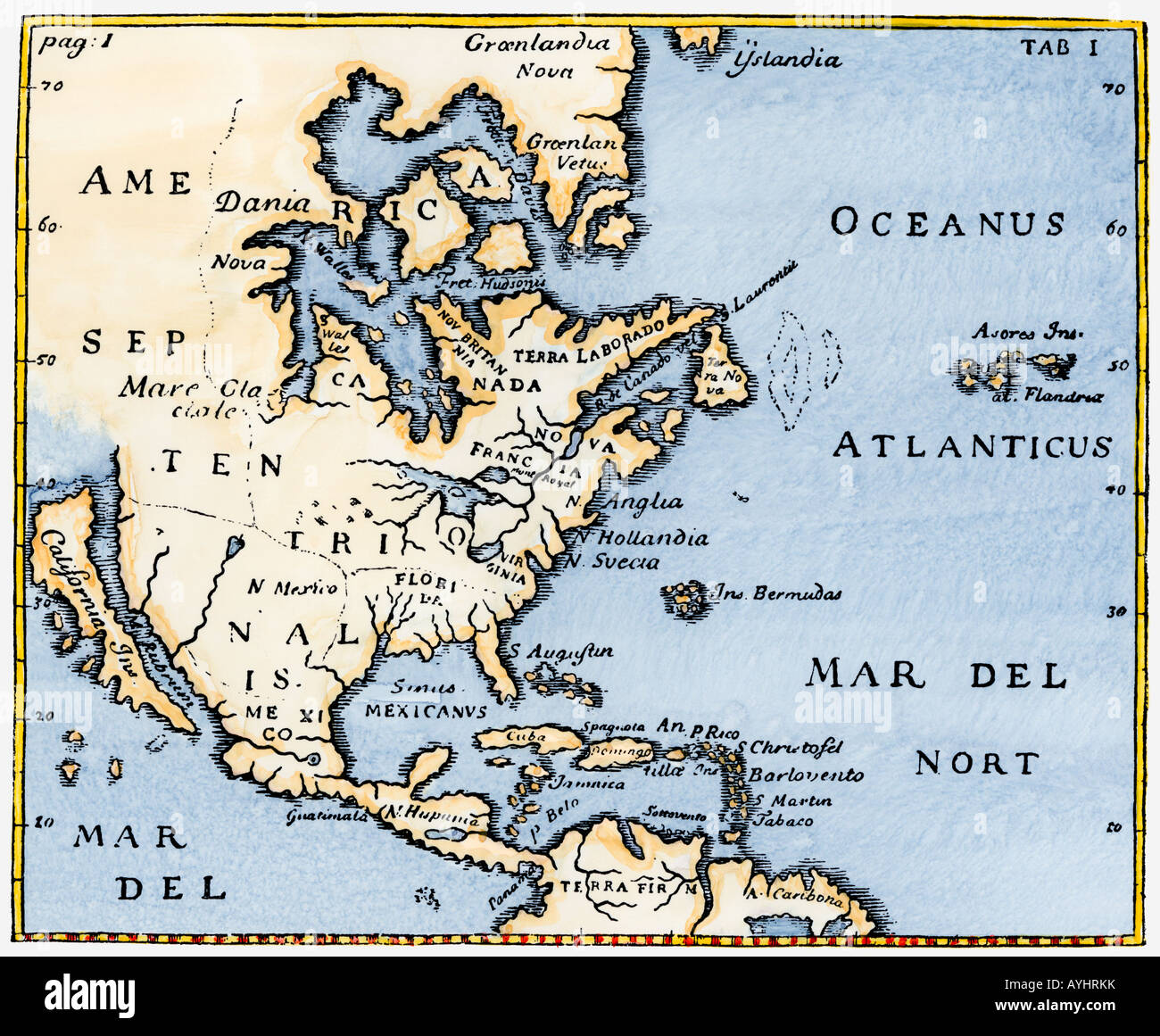 Mappa del nord America come noto nel mid-1600s con la California come un'isola. Colorate a mano la xilografia Foto Stock