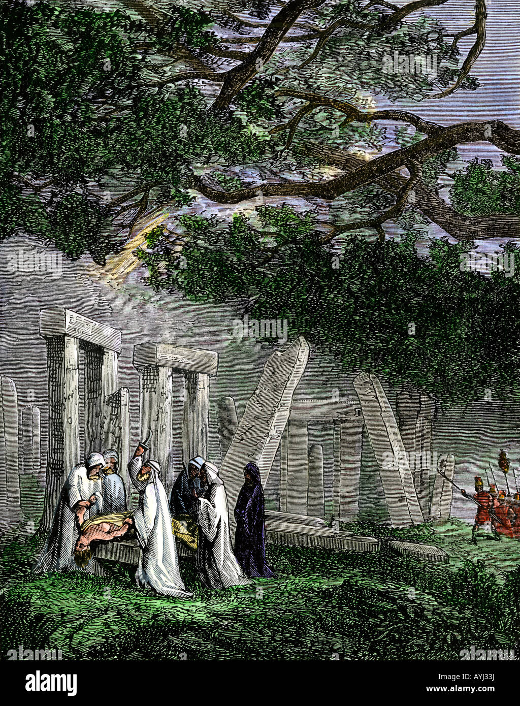 Druid sacrificio umano a Stonehenge fermato da soldati romani. Colorate a mano la xilografia Foto Stock