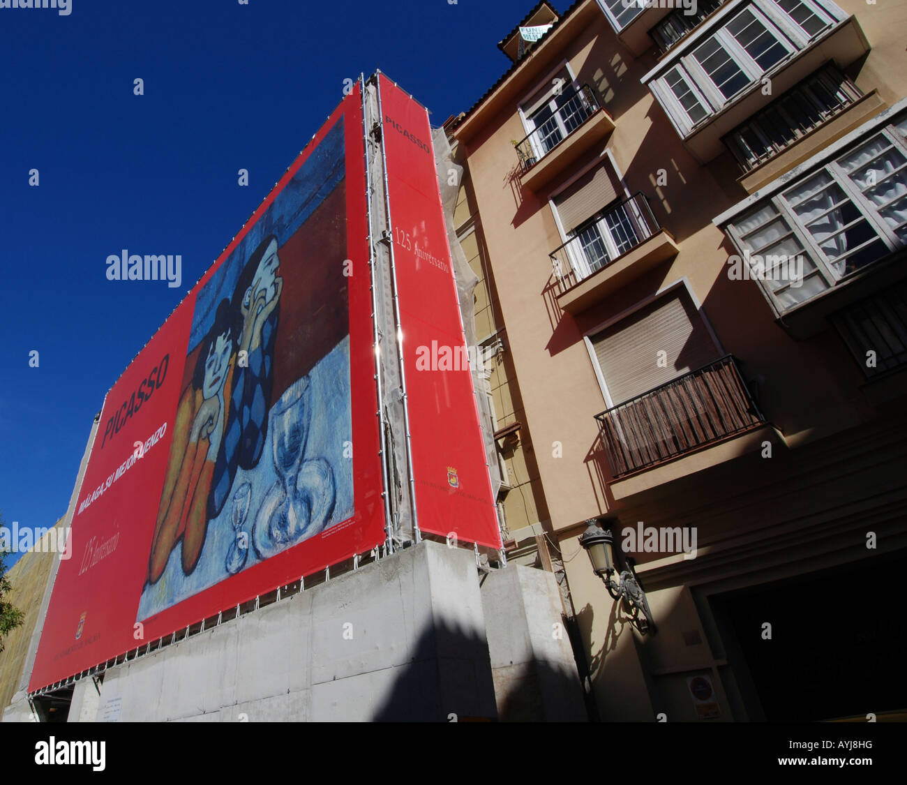Banner nella città di Malaga per celebrare 125 anni dalla nascita di Picasso Foto Stock