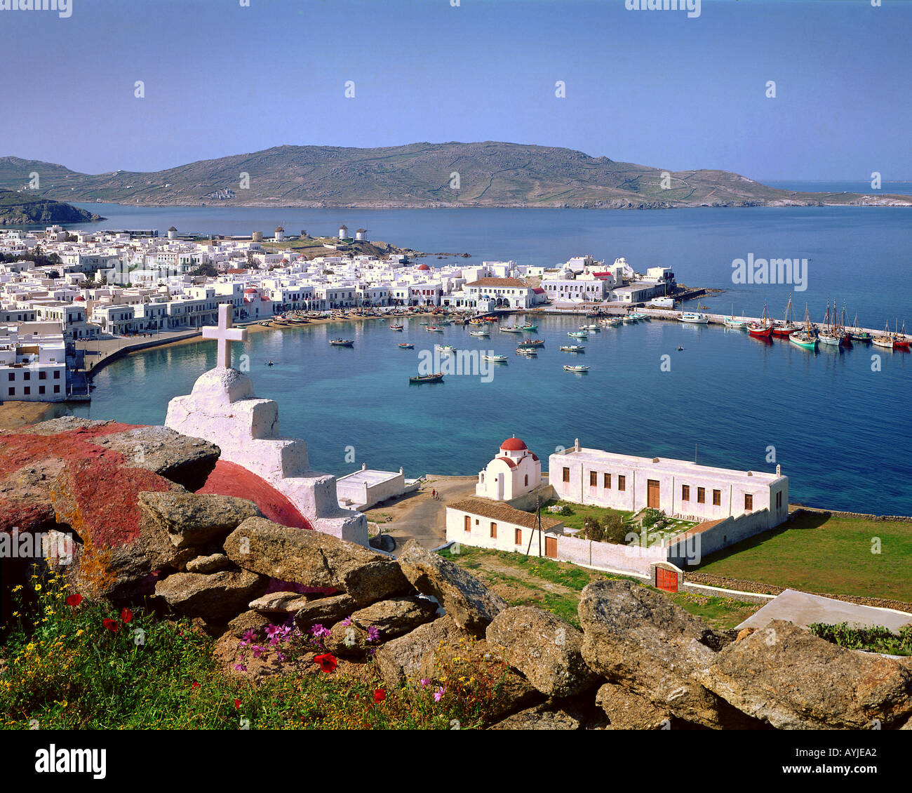 GR - Cicladi: la città di Mykonos e dal porto Foto Stock