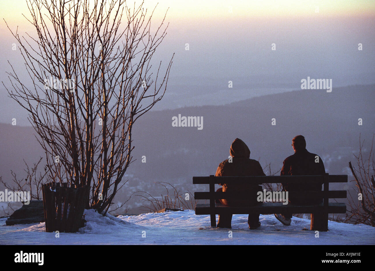 Banca in Winterlandschaft auf dem Feldberg nahe Frankfurt Foto Stock