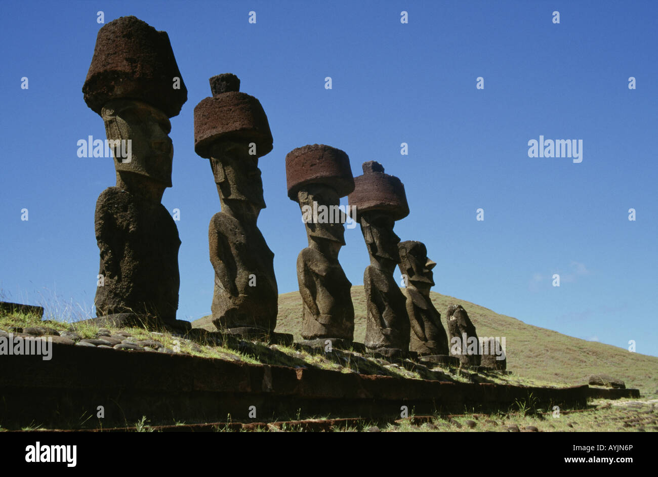 Moais grandi statue di pietra antichi simboli storici Bird uomo cult Foto Stock
