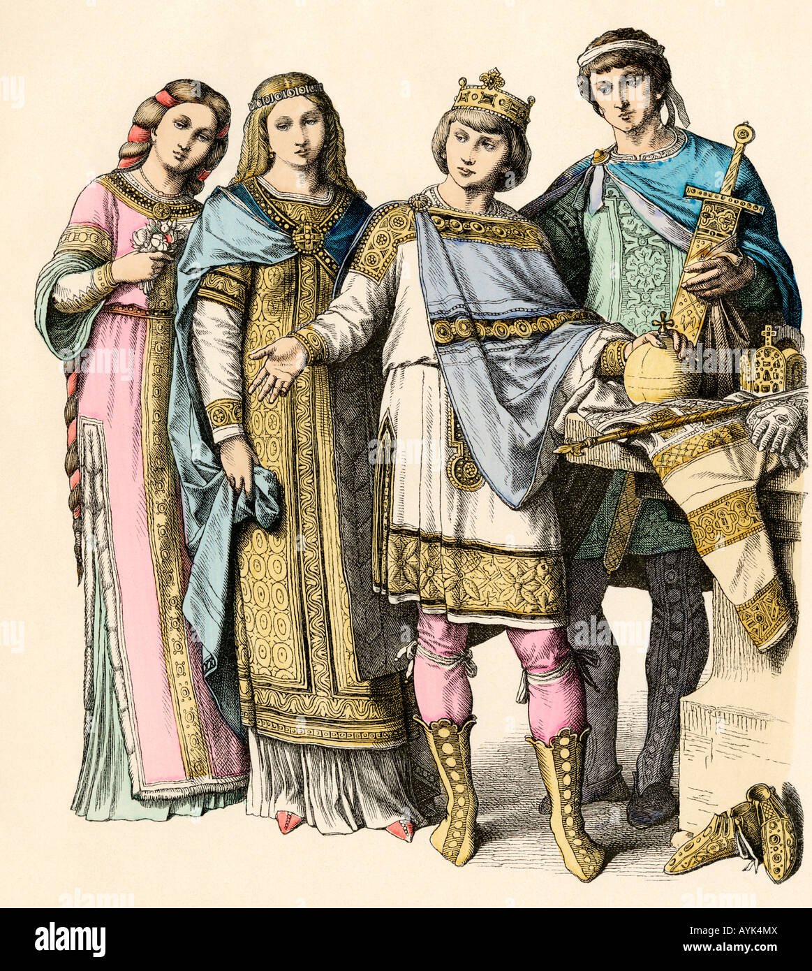 Carlo Magno re dei Franchi e la sua corte reale durante il Medioevo.  Colorate a mano la stampa Foto stock - Alamy