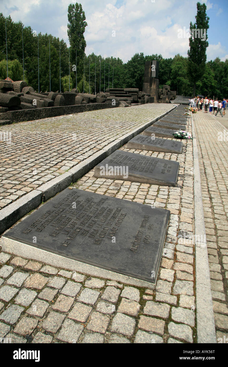 Una fila di lapidi presso il monumento internazionale alle vittime del fascismo ad Auschwitz Birkenau campo di concentramento. Foto Stock