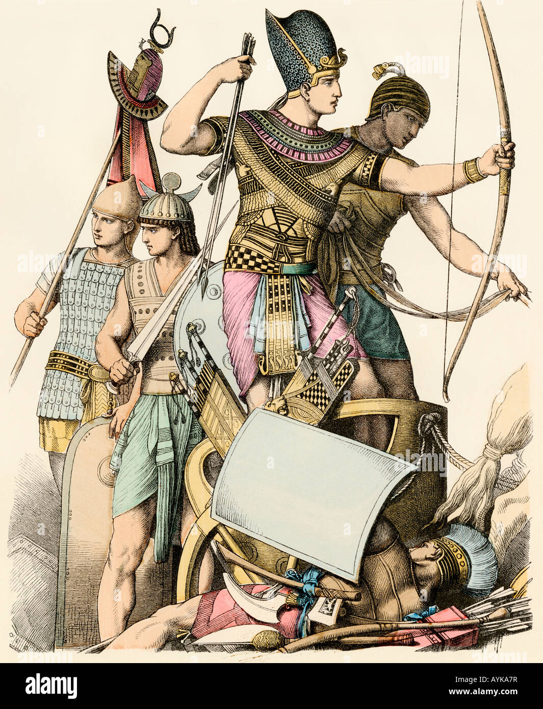Il faraone egiziano leader militari in battaglia. Colorate a mano la stampa Foto Stock