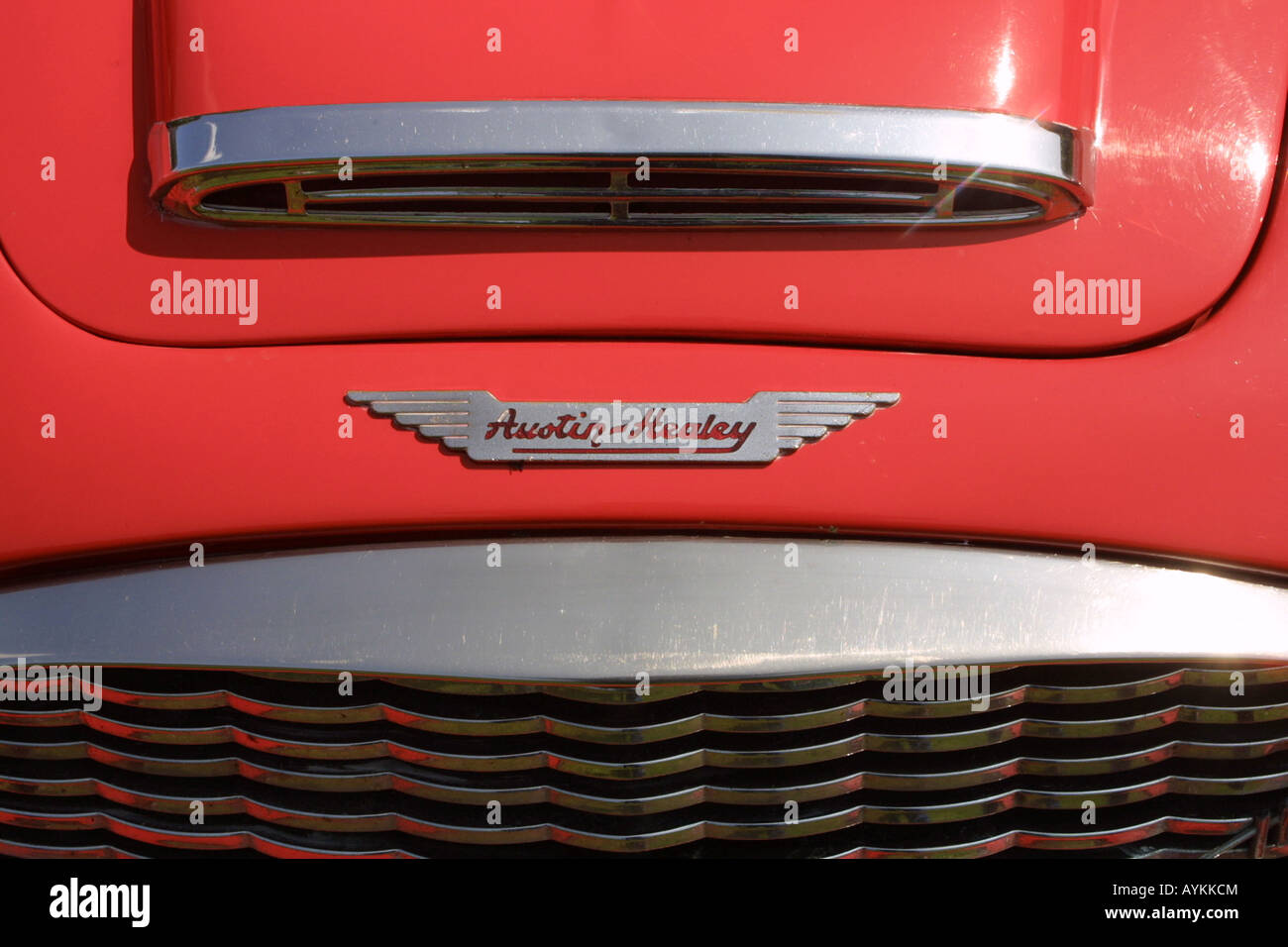 Rosso / chrome Austin Healey auto griglia anteriore e chrome badge auto, orizzontale . Nero e griglia cromata Foto Stock