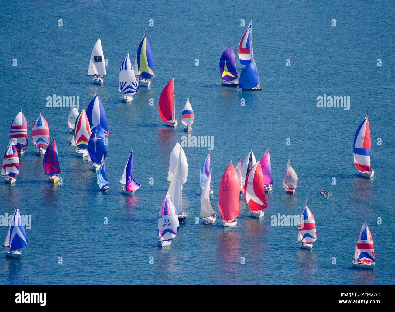 Vista aerea. Yachts corse off l'Isola di Wight. Regno Unito. Giro dell'isola di gara. Foto Stock