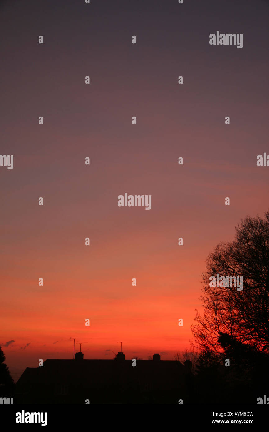 Rosso e viola del tramonto su stagliano tetti e alberi Foto Stock