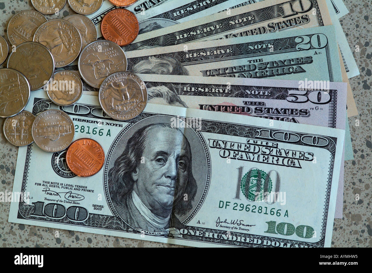 Moneta americana. Dollaro banconote e monete.USA Foto Stock