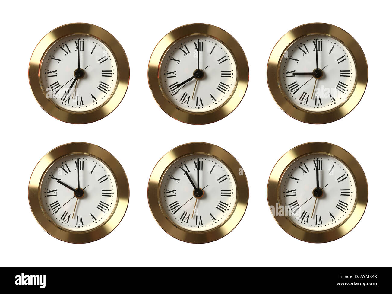 Set di sei orologi che mostra diverse volta isolato su bianco Foto Stock