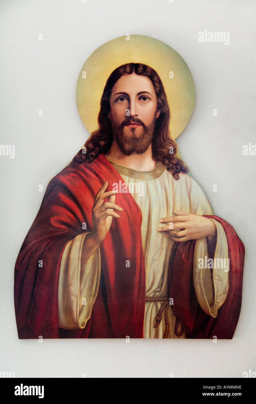 Gesù Cristo. Gesto di benedizione. Pareti in legno illustrazione . Interno di una casa. La Grecia Foto Stock