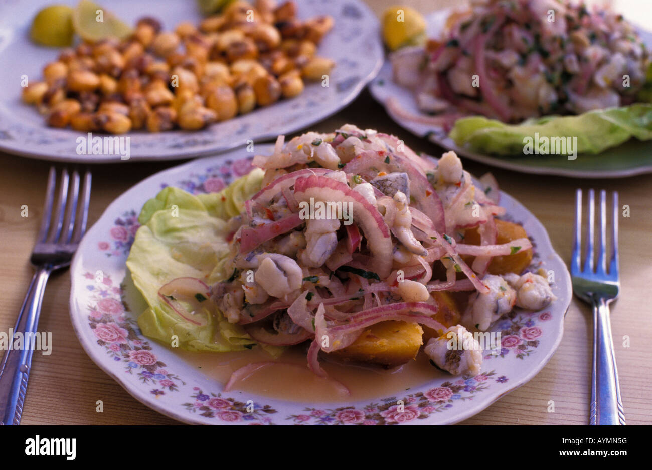 Ceviche piatto tradizionale dal Perù fatta di pesce crudo insaporito con limone Foto Stock