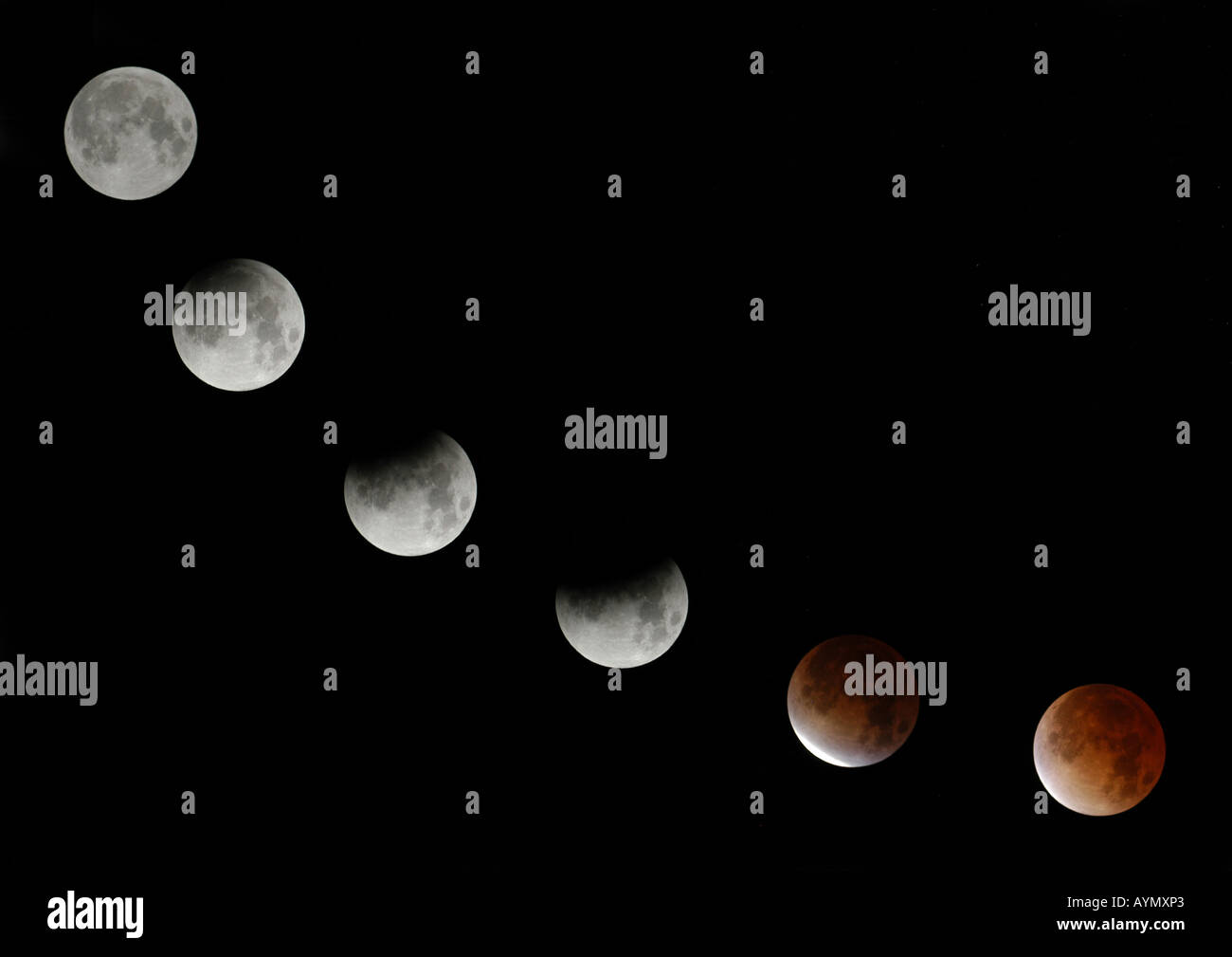 Sei fasi di un eclissi lunare totale vedendo da Praga, nella Repubblica Ceca il 8 novembre 2003. Foto Stock